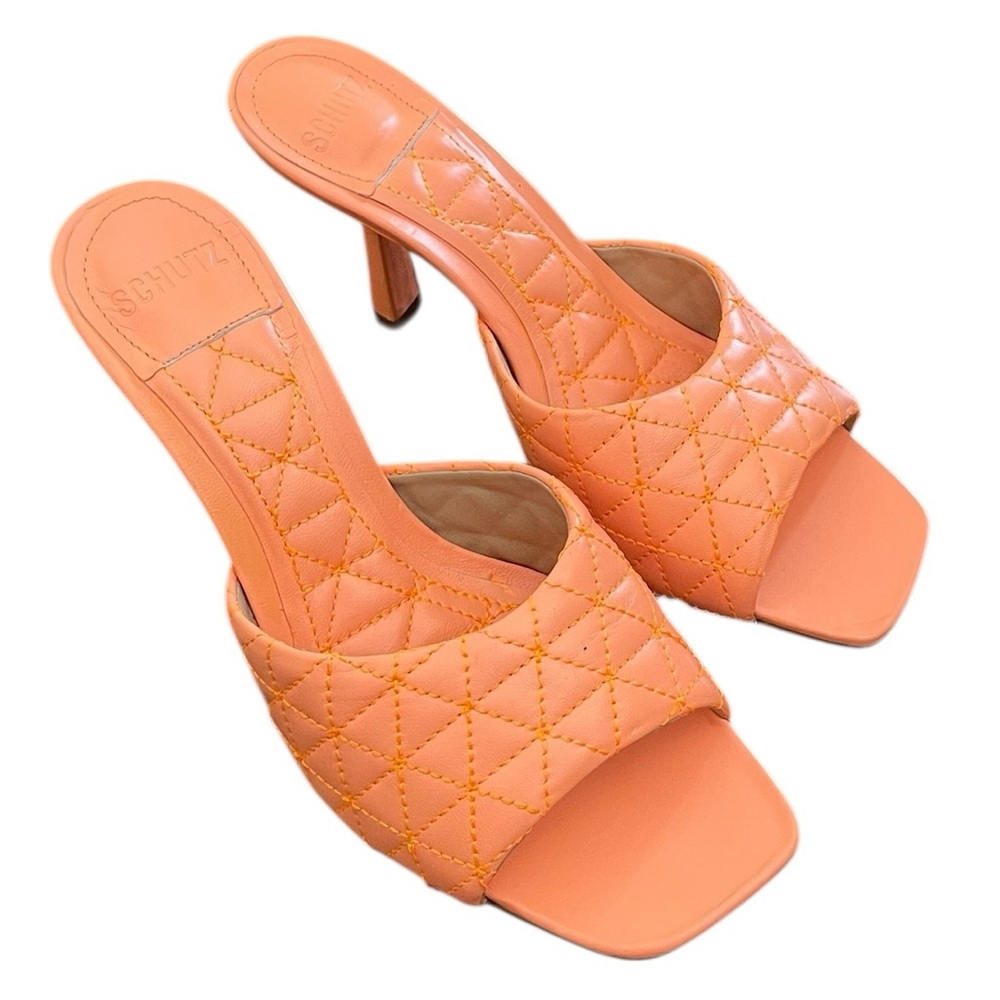 SCHUTZ Fryda Nappa Leather Mules Quilted Heels Neon Orange